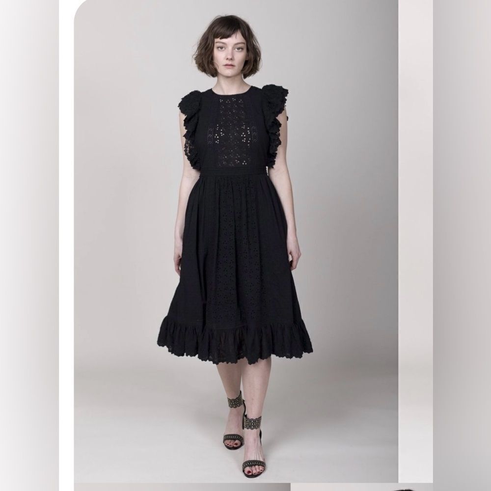 Ulla Johnson Bea Black  Midi Dress Embroidered  Ruffles Sleeve Sz 8 NWT